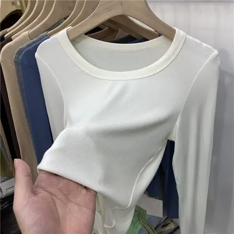 黑色2023新款修身长袖t恤螺纹打底衫女装内搭春秋款方领口上衣商品大图