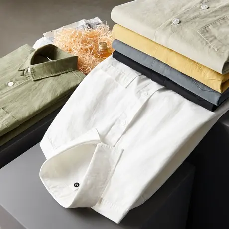 美式重磅长袖衬衫男秋季宽松高级感纯棉寸衫净色白色翻领衬衣外套商品大图