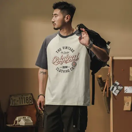 夏季t恤宽松潮流港风印花圆领时尚百搭男士纯棉T恤复古简约休闲商品大图