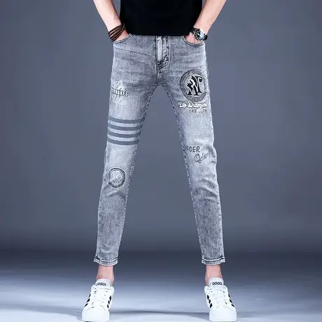 男士新款牛仔裤子灰色时尚高端烫钻修身九分裤2023春夏棉弹男潮牌商品大图