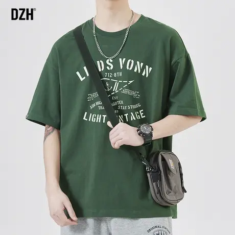 男士绿色t恤男纯棉宽松潮牌半袖上衣男装2023新款圆领体恤t shirt商品大图