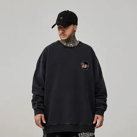 美式复古嘻哈大码圆领卫衣男装加肥加大纯棉重磅水洗做旧高街春秋商品大图