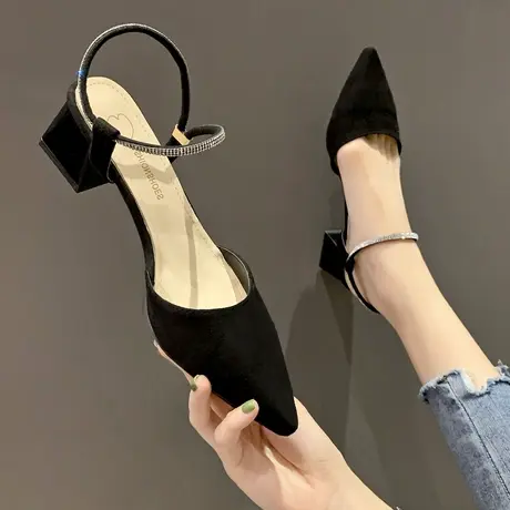 粗跟凉鞋女性感2023夏新款时尚尖头包头单鞋水钻中后空两穿拖鞋女商品大图