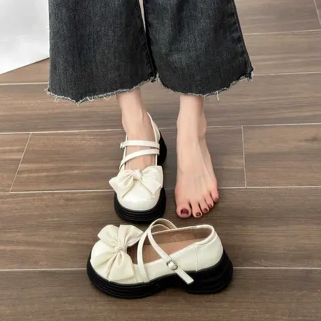 单鞋女夏季新款2023蝴蝶结防滑气质粗跟一脚蹬小皮鞋时尚玛丽珍鞋商品大图