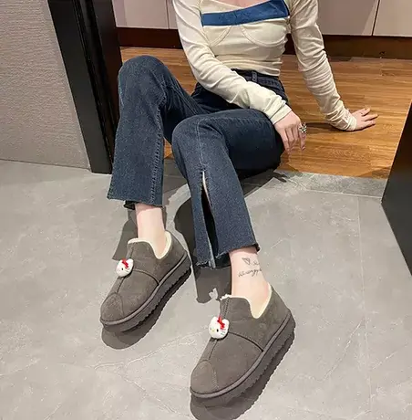 雪地靴女卡通猫冬季新款加绒加厚保暖短筒面包鞋皮毛一体东北棉鞋商品大图