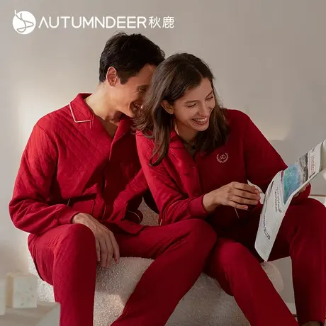 秋鹿薄夹棉红色本命年睡衣女冬款空气棉新婚情侣家居服男秋冬套装图片