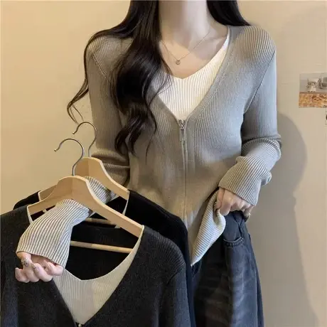 胖MM假两件针织开衫女士春秋新款大码女装设计感内搭打底衫200斤商品大图