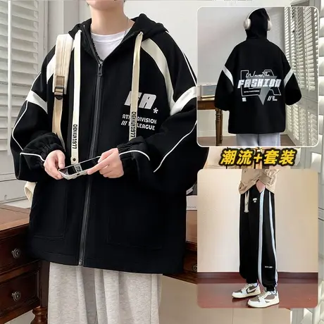 美式潮牌外套男生秋冬季2023新款宽松连帽开衫卫衣青少年学生衣服商品大图