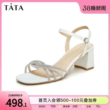 Tata他她法式粗跟凉鞋女气质时装凉鞋一字带单鞋2024夏新XBD04BL4图片