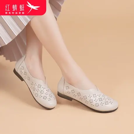 红蜻蜓女鞋镂空透气妈妈鞋春夏软底平跟防滑真皮中老年单鞋凉鞋女商品大图