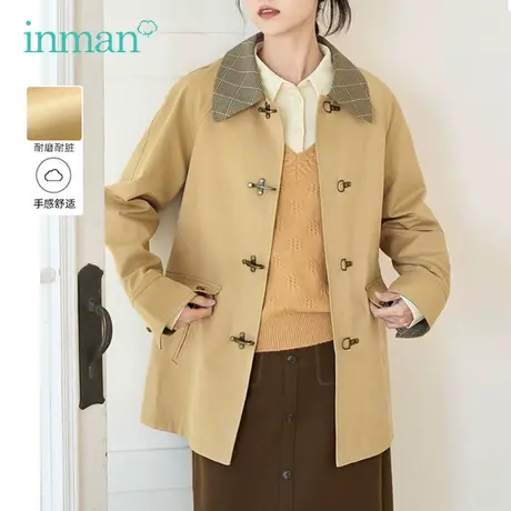 茵曼旗舰店格纹外套女2023年秋装新款通勤高级感小个子中长款大衣图片