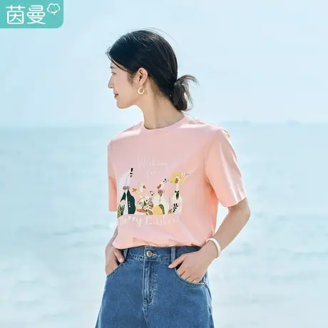 茵曼休闲百搭T恤2023夏女装新款动物图案印花立体蝴蝶结短袖上衣商品大图