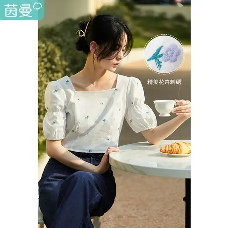 茵曼法式方领衬衫女2023夏季新款显瘦绣花泡泡袖气质纯棉短款衬衣图片