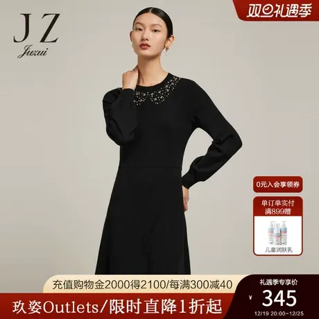 JZ玖姿月夜黑收腰针织裙女装2022冬季新款复古灯笼袖绵羊毛连衣裙图片