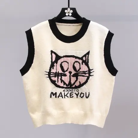 日系卡通猫咪针织马甲女夏季2023新款宽松学院风百搭无袖毛衣背心图片
