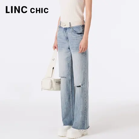 LINCCHIC金羽杰2023秋季新款复古蓝色中腰阔脚直筒裤破洞牛仔裤女商品大图