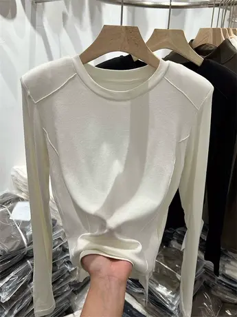 垫肩羊绒圆领T恤明线长袖针织上衣女2023秋季新款修身纯色打底衫商品大图