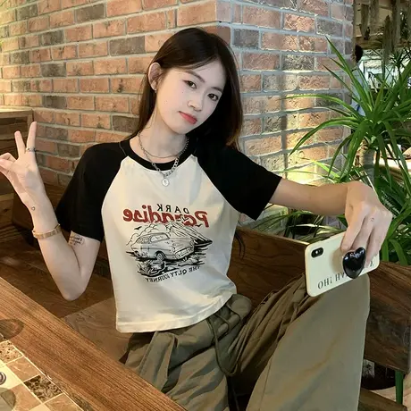 设计感正肩短袖T恤女夏季高级感别致漂亮质感体恤辣妹短款上衣服商品大图