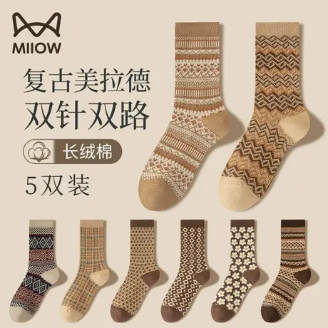 猫人袜子女秋冬款中筒袜防臭透气堆堆棉袜复古美拉德日系长筒袜LX商品大图