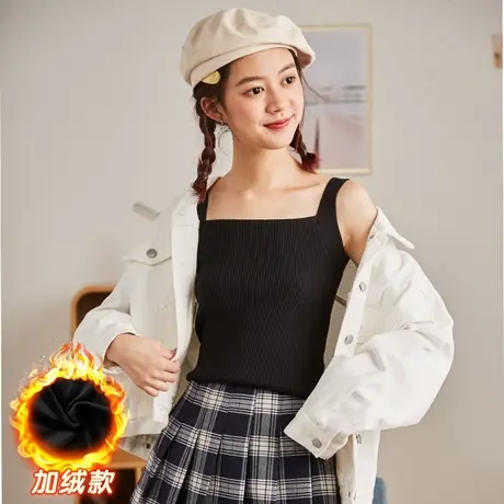 唐狮加绒加厚吊带小背心女春秋内搭白黑色设计感短款针织打底上衣图片