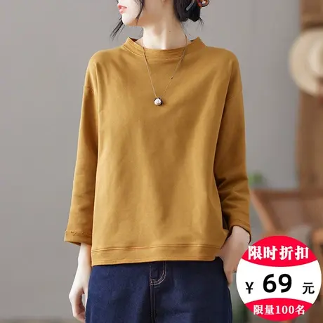 dza 复古纯色全棉短款休闲卫衣女士2022新款秋季长袖宽松显瘦上衣商品大图