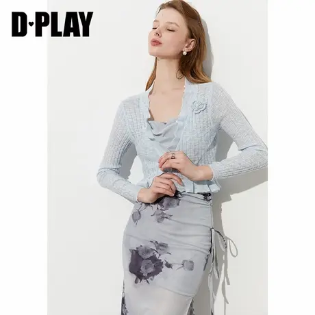 DPLAY【惠品】2025年夏季新款蓝色遮阳外套女针织木耳边长袖上衣图片
