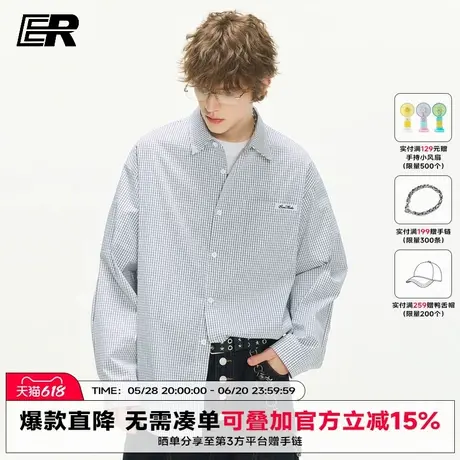 ER清爽格子衬衫夏季休闲潮牌时尚宽松情侣格纹衬衣外套男女同款商品大图