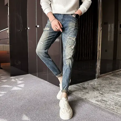 2023秋季新款水洗复古做旧破洞牛仔裤男修身小脚裤高街补丁铅笔裤商品大图