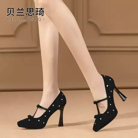 磨砂真皮水钻蝴蝶结一字带尖头浅口单鞋女2025春秋季防水台高跟鞋图片