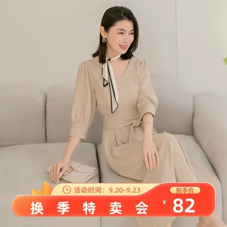 桔熊夏季温柔风V领气质修身七分袖雪纺连衣裙子女大码DA9127图片