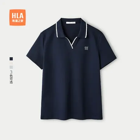 HLA/海澜之家时尚通勤短袖POLO衫25春夏新款撞色V领显瘦上衣女装商品大图
