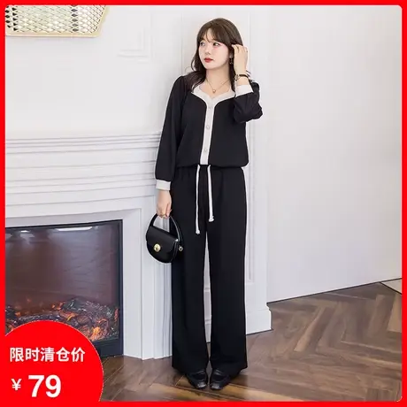 显瘦胖mm妹妹大码裤子女2023年秋季新款百搭黑色针织长裤宽松直筒商品大图