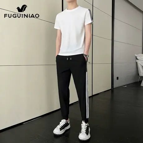 富贵鸟休闲运动套装男士冰丝凉感短袖t恤搭配长裤夏季新款一套男商品大图