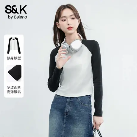 班尼路S&K系列撞色紧身长袖女2025新品休闲运动T恤修身舒适上衣Q图片