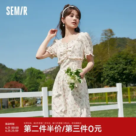 森马连衣裙女收腰木耳边法式夏泡泡袖方领肌理碎花裙浪漫新款2023图片