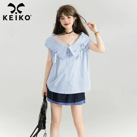 KEIKO miu系一字肩条纹衬衫2025新款少女甜心风穿搭别致无袖上衣商品大图
