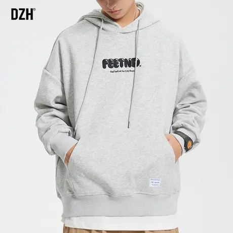 青少年灰色刺绣卫衣男连帽纯棉2023年新款秋季长袖上衣宽松打底衫图片