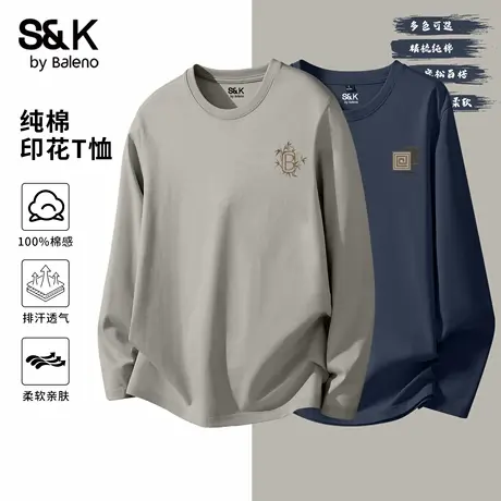 班尼路S&K美式复古T恤男2025秋季新款简约流行男士长袖宽松套头衫图片