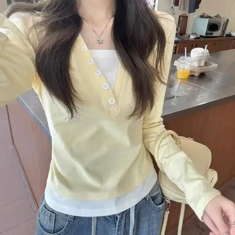 韩系高级感假两件长袖T恤女春秋季韩版修身打底衫内搭设计感上衣商品大图