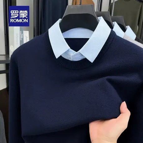 【加绒保暖】罗蒙男士百搭针织衫2025冬季新款加厚假两件翻领毛衣图片