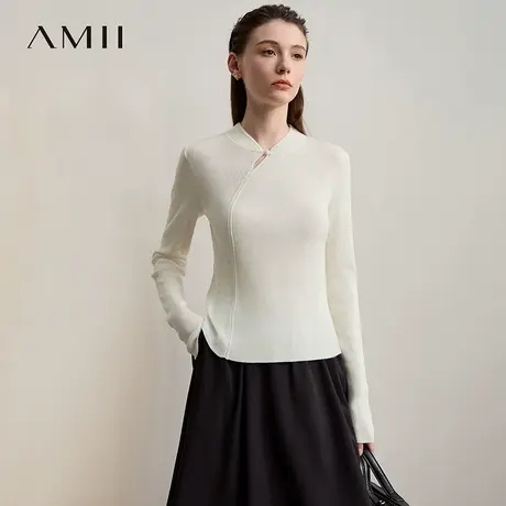 Amii2025秋新款极简新中式国风旗袍领修身弹力套头合肩长袖毛衣商品大图
