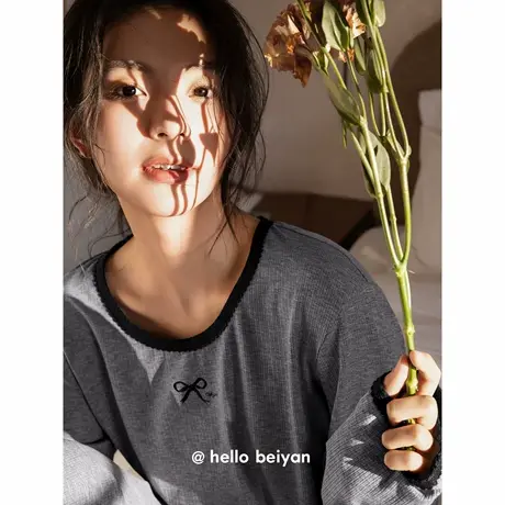 贝妍纯棉睡衣女款春秋撞色圆领长袖套装韩系氛围感早秋穿搭家居服商品大图