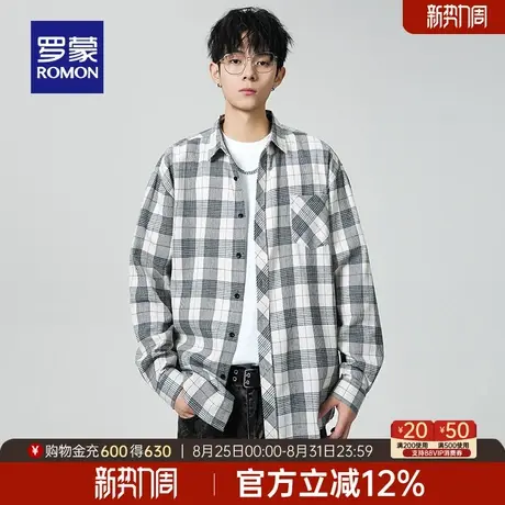罗蒙男士时尚休闲格子翻领长袖衬衫2025秋季新款潮流撞色衬衣外套商品大图