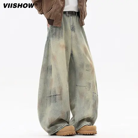 VIISHOW美式复古脏染弯刀裤牛仔裤男秋季工装高腰宽松阔腿镰刀裤商品大图