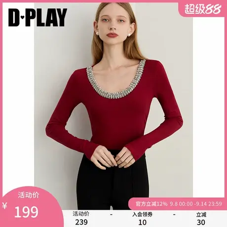 DPLAY【轻奢闪钻系列】2025秋季新款红色t恤女独特闪钻设计上衣商品大图
