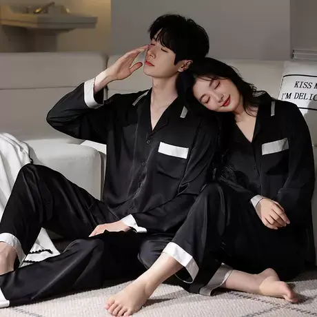 冰丝情侣睡衣女2025新款春秋款长袖薄款简约开衫仿真丝绸家居服商品大图
