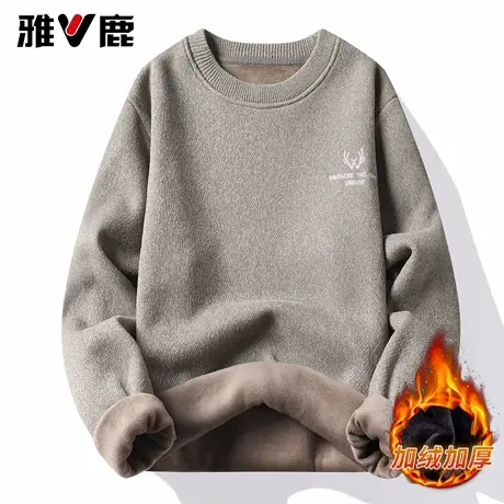 雅鹿2025秋冬新款针织衫圆领小鹿刺绣加绒加厚男青年保暖打底毛衣图片