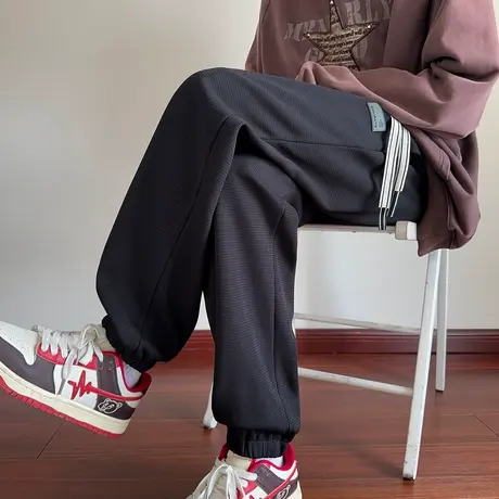 唐狮秋冬款男休闲长裤宽松运动卫裤简约直筒束脚裤子黑色潮流WTD商品大图