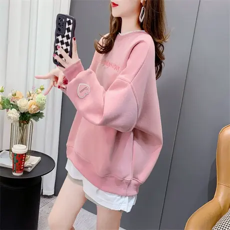 圆领刺绣假两件卫衣女加绒加厚2022年新款秋冬宽松慵懒风百搭外套商品大图