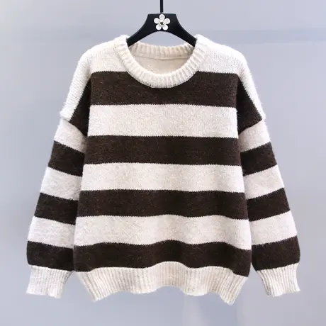 日系慵懒风条纹毛衣女秋冬2023新款宽松中长款软糯长袖打底针织衫商品大图